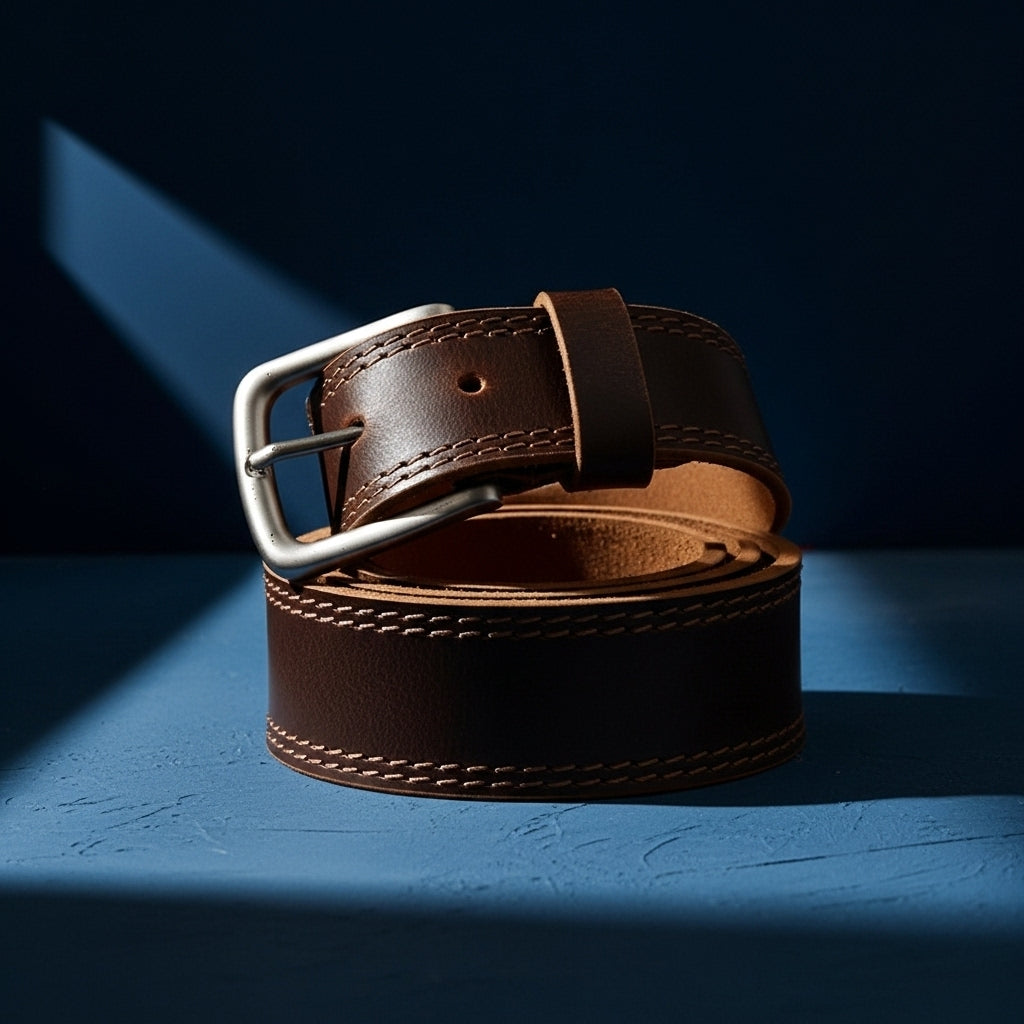 Ceinture Ferré Cuir 1 pour homme en cuir de vachette marron avec coutures contrastantes et boucle ardillon argentée sur fond bleu foncé #fullwidth
