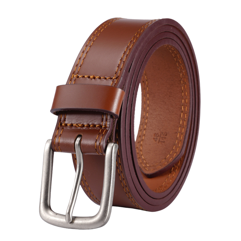 Ceinture Ferré Cuir 1 marron pour homme en cuir de vachette pleine fleur avec boucle ardillon argentée et coutures contrastantes. #fullwidth