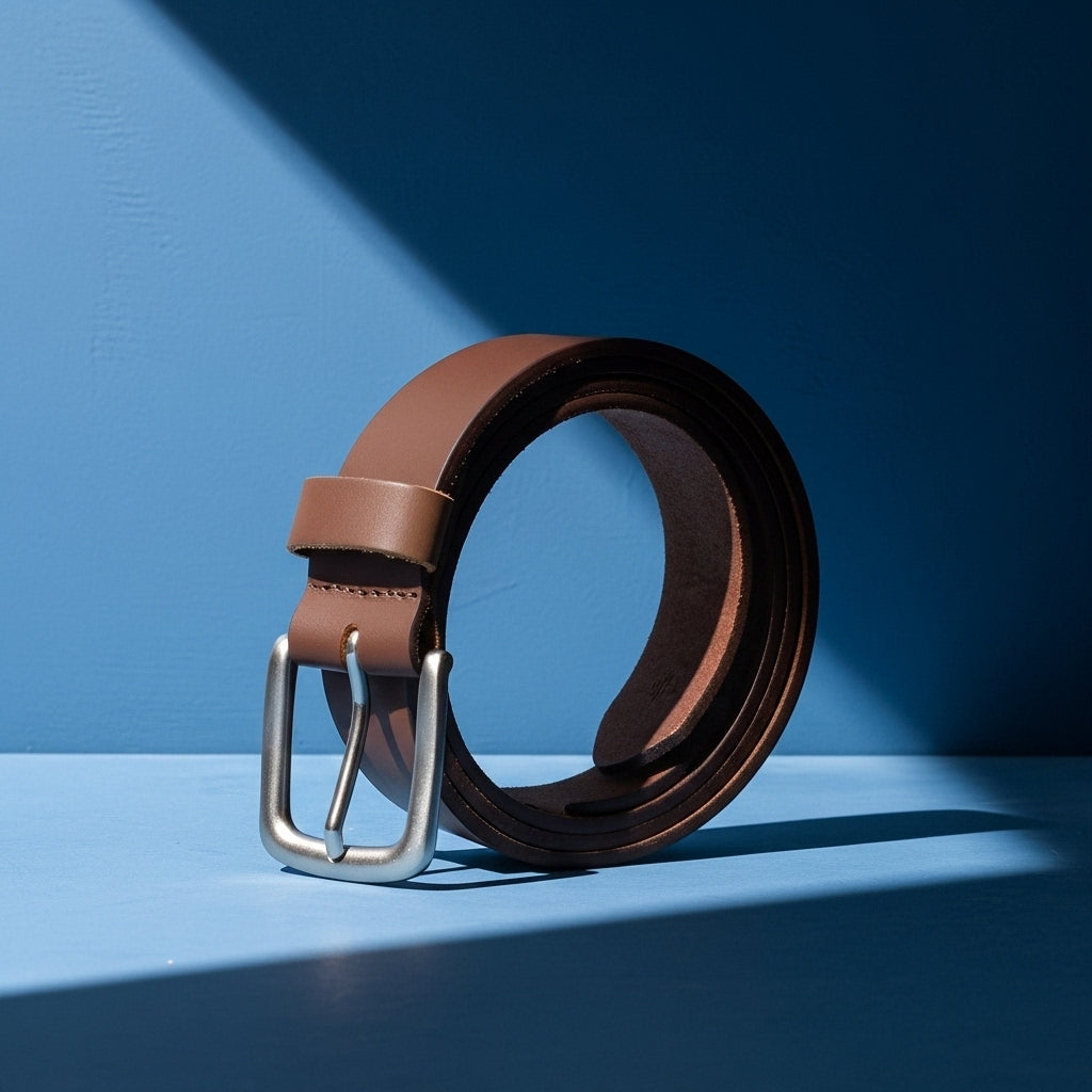 Ceinture Ferré Cuir 2 pour homme en cuir marron avec boucle ardillon argentée, sur fond bleu #fullwidth