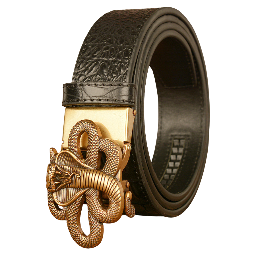 Ceinture homme Firmin noire avec boucle dorée en forme de cobra 3D et texture crocodile embossée.