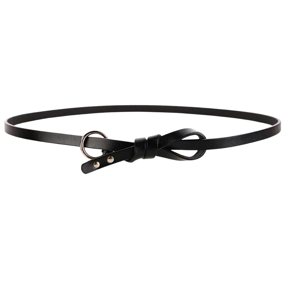 Ceinture fine noire Flaminia pour femme, en cuir avec anneau doré et nœud décoratif, idéale pour marquer la taille.