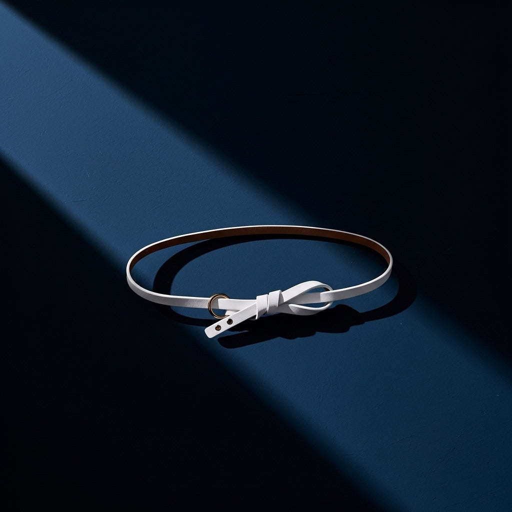 Ceinture fine blanche modèle Flaminia avec un nœud décoratif et un anneau doré, sur fond bleu foncé avec une ombre projetée. #fullwidth