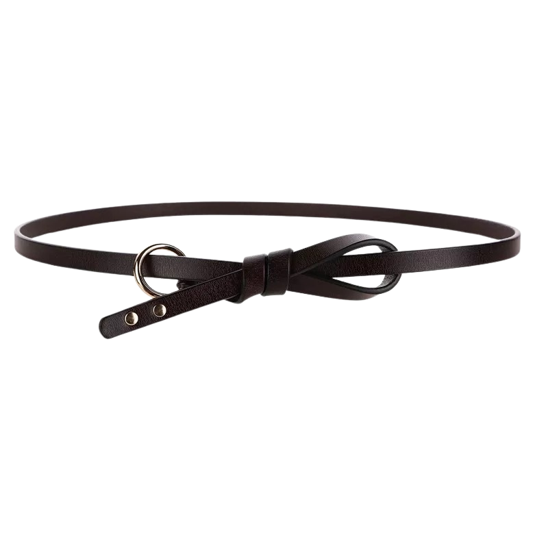 Ceinture fine en cuir marron foncé pour femme, modèle Flaminia, avec boucle dorée et fermeture nœud.