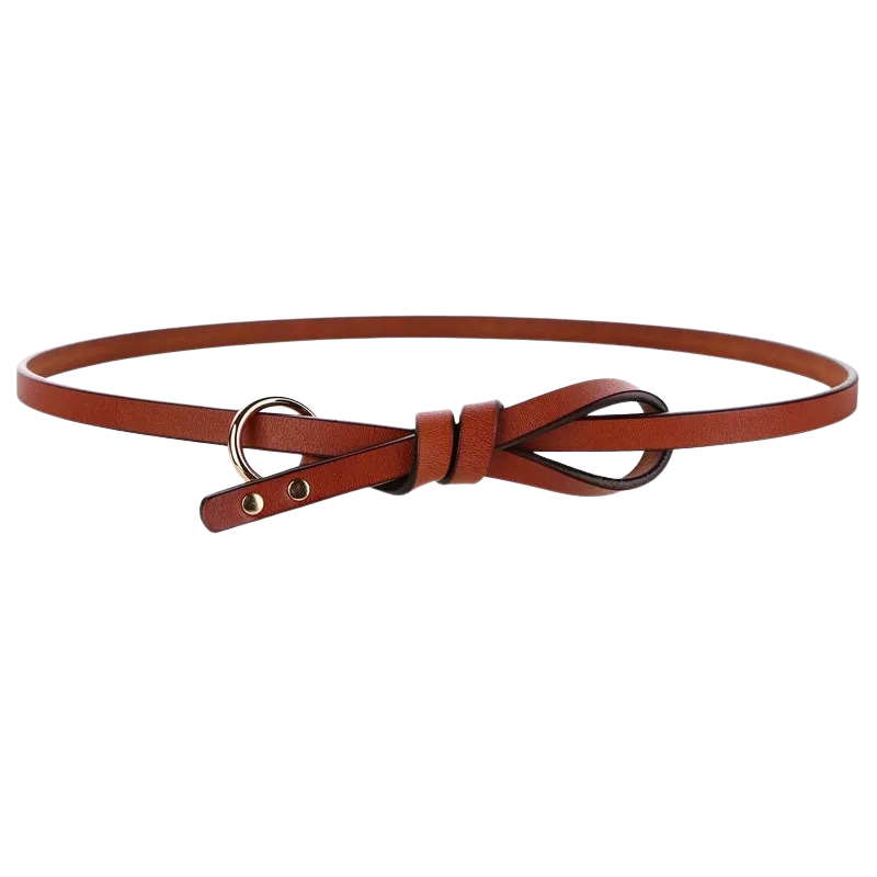 Ceinture femme Flaminia en cuir camel avec un nœud décoratif et un anneau doré.