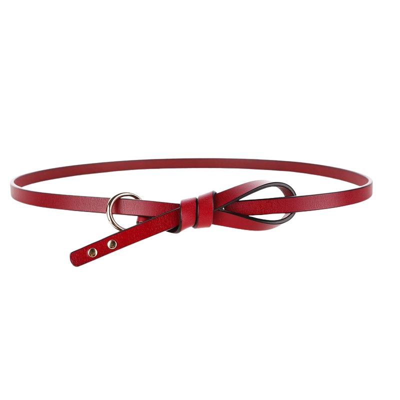 Ceinture fine rouge Flaminia en cuir de vachette avec un nœud décoratif, un anneau doré et des rivets.