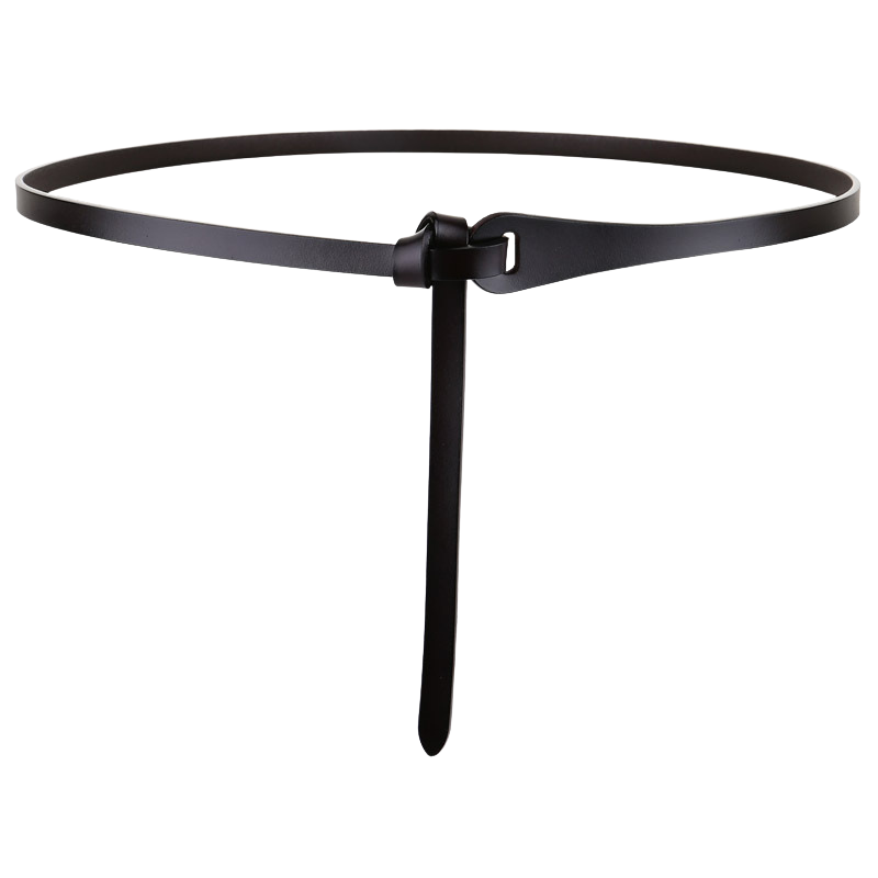 Ceinture fine noire modèle Flamme en cuir refendu finition daim, sans boucle, avec un nœud décoratif.