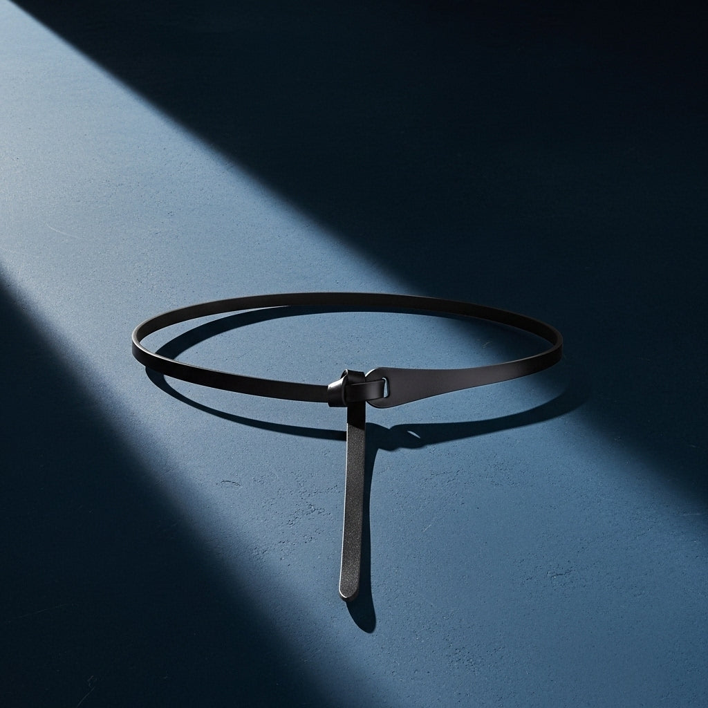 Ceinture fine noire en cuir refendu finition daim, modèle Flamme, sans boucle, nouée sur un fond bleu #fullwidth
