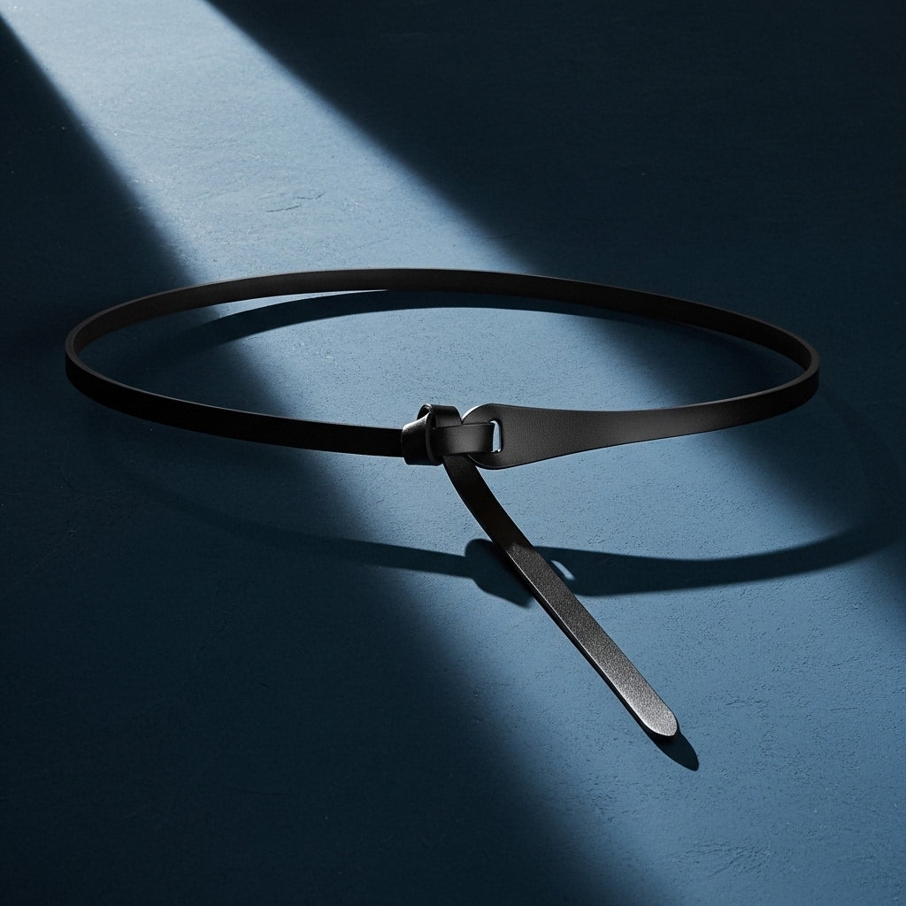 Ceinture fine noire en cuir refendu finition daim, modèle Flamme, sans boucle avec un nouage libre, sur fond bleu foncé #fullwidth