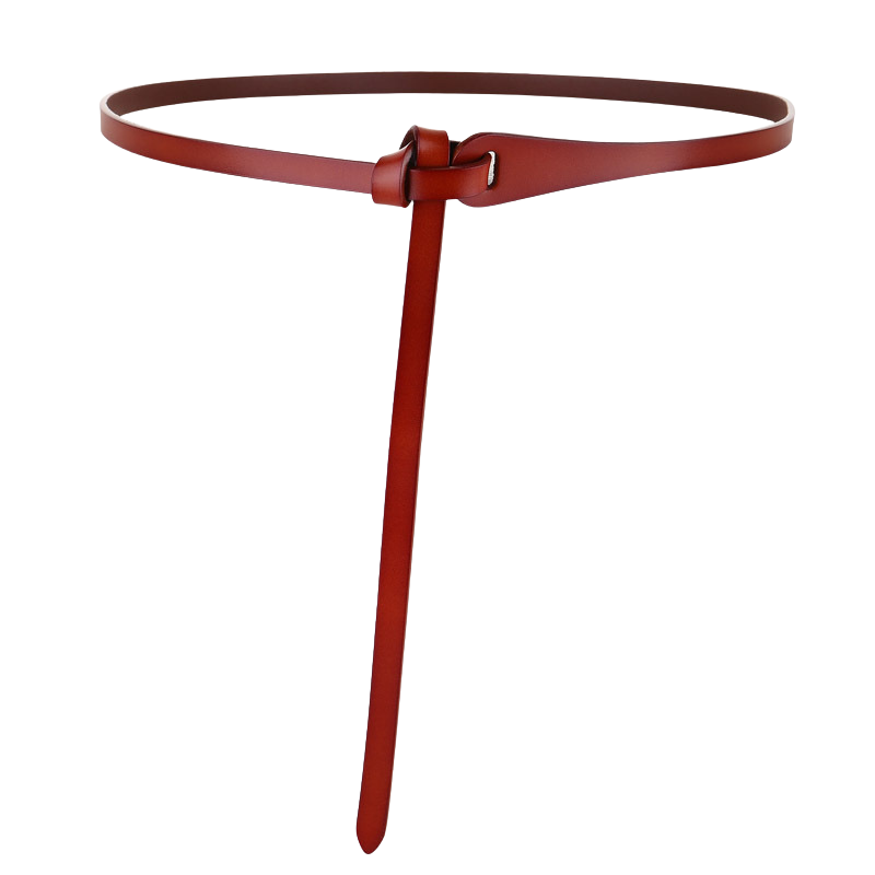 Ceinture fine en cuir rouge de la marque Flamme, sans boucle, avec un nœud et une longue lanière tombante.