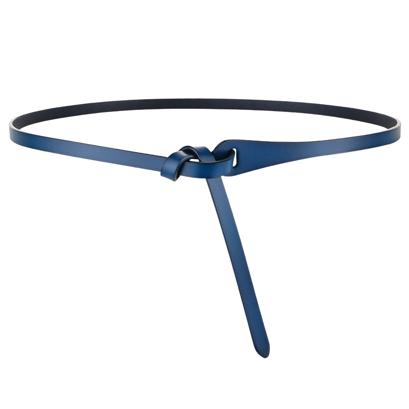 Ceinture fine bleu marine en cuir refendu effet daim, modèle Flamme, sans boucle avec un nœud ajustable.