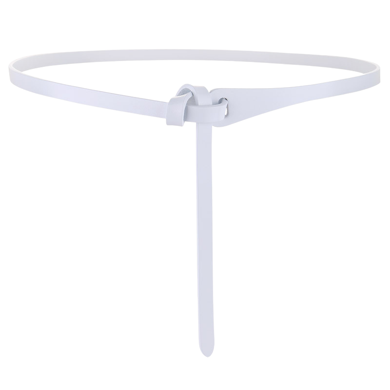 Ceinture fine blanche en cuir refendu finition daim, modèle Flamme, sans boucle avec un nœud.