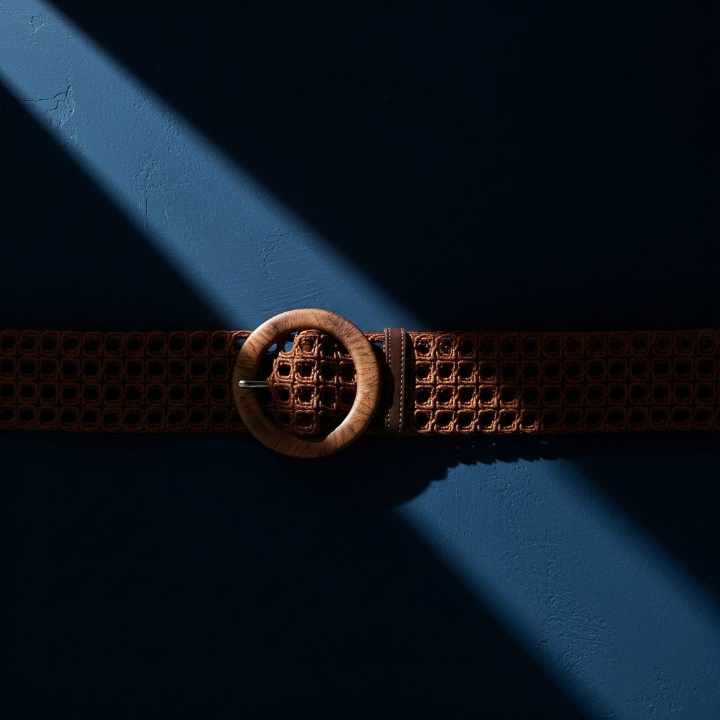 Ceinture femme Flavie marron en tissu tressé ajouré avec une boucle ronde en bois. #fullwidth