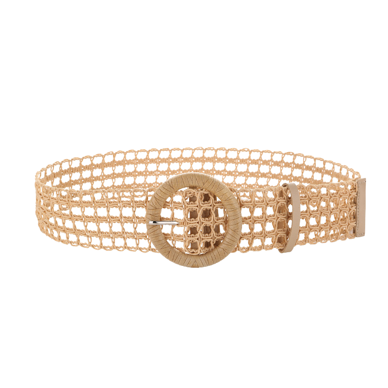 Ceinture Flavie beige en tissu tressé ajouré avec une boucle ronde recouverte de tissu. Style estival et naturel.