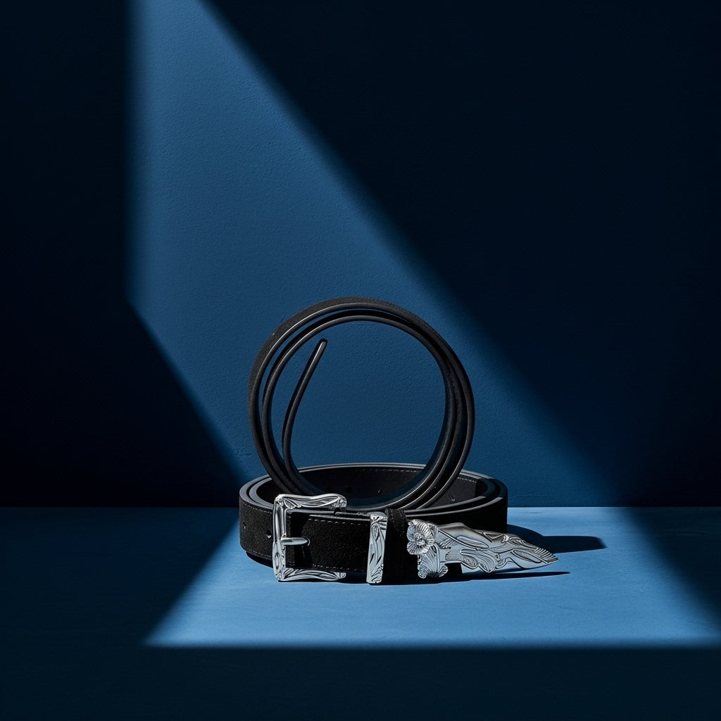 Ceinture femme Fleur en cuir noir finition daim vieilli, avec boucle ardillon argentée gravée style western "épée cassée", sur fond bleu #fullwidth