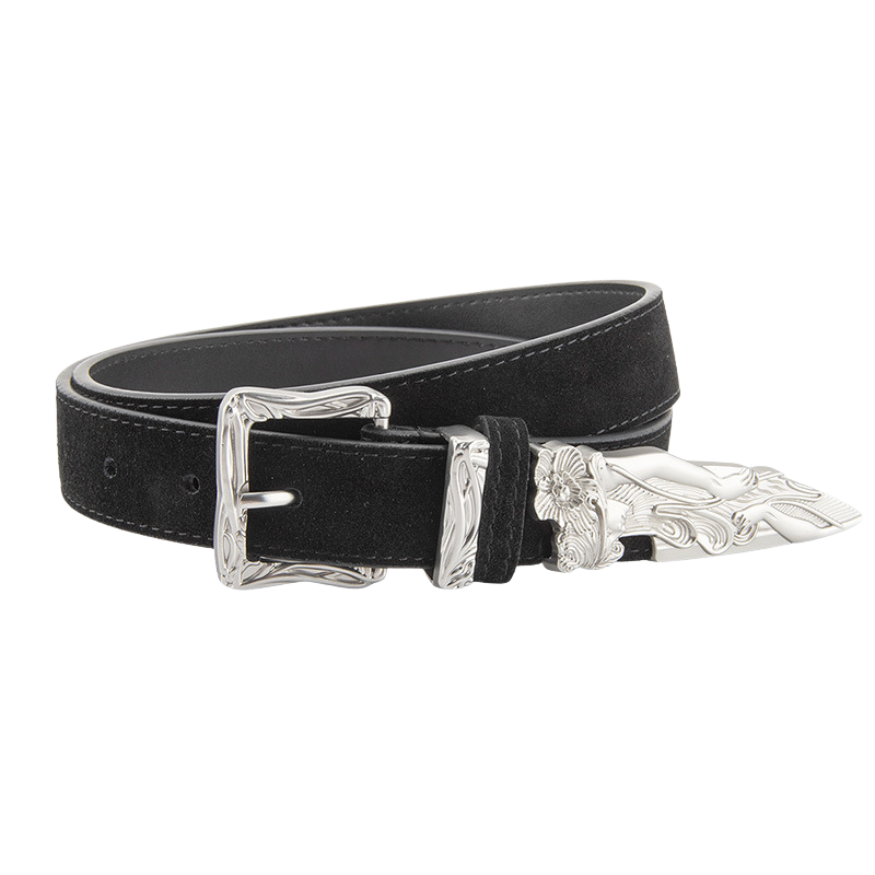 Ceinture femme Fleur en cuir noir finition daim vieilli, avec boucle western argentée gravée et pointe en forme d'épée cassée.