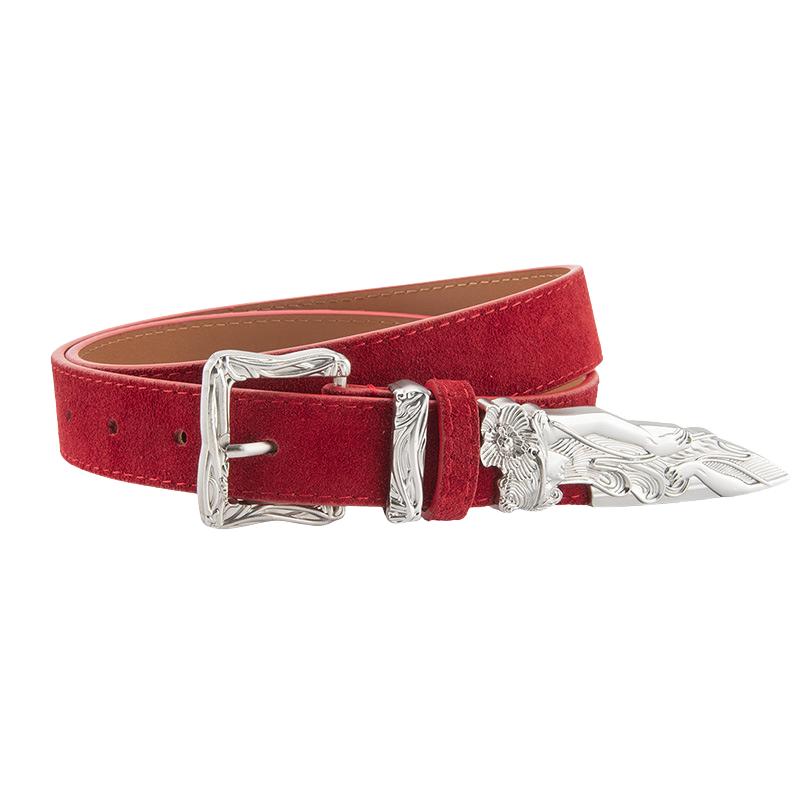 Ceinture femme Fleur en cuir rouge aspect daim vieilli avec boucle carrée argentée gravée style western