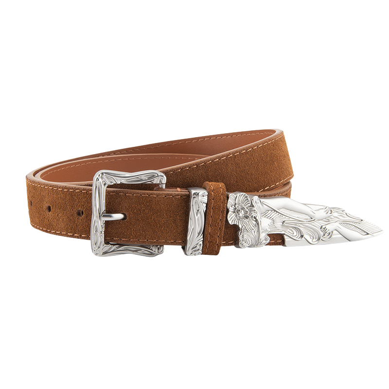 Ceinture femme en cuir refendu marron aspect daim vieilli, avec boucle carrée argentée gravée style western et pointe en forme d'épée cassée.