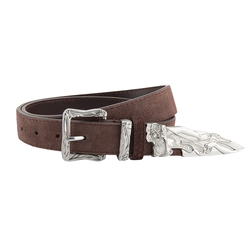 Ceinture femme Fleur en cuir refendu marron aspect daim vieilli avec boucle argentée gravée style western et bout en forme d'épée cassée.