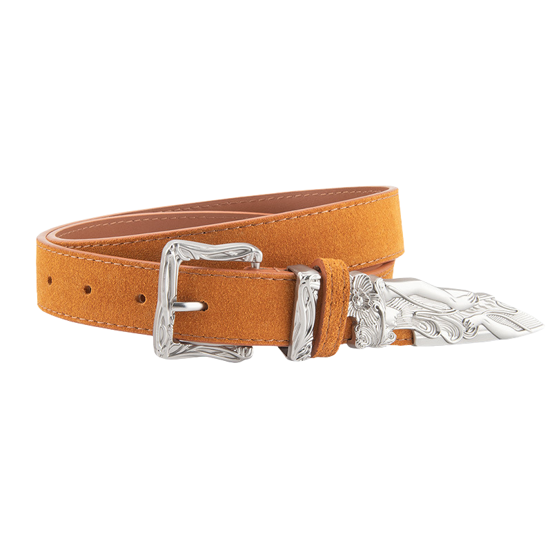 Ceinture femme Fleur en cuir refendu marron foncé aspect daim vieilli, avec boucle ardillon argentée gravée style western épée cassée.