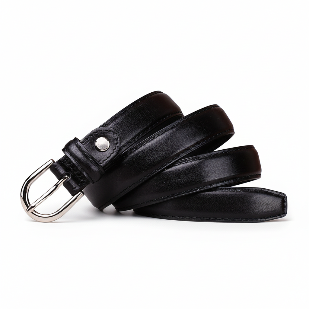 Ceinture pour femme Fleur de Lune en cuir noir avec boucle ardillon argentée