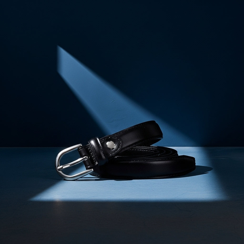 Ceinture pour femme Fleur de Lune en cuir noir lisse avec boucle ardillon argentée, posée sur un fond bleu avec un rayon de lumière. #fullwidth