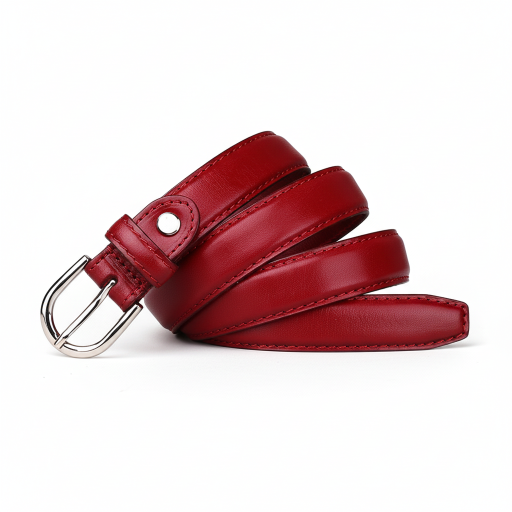 Ceinture fine rouge pour femme Fleur de Lune en cuir pleine fleur avec boucle ardillon argentée