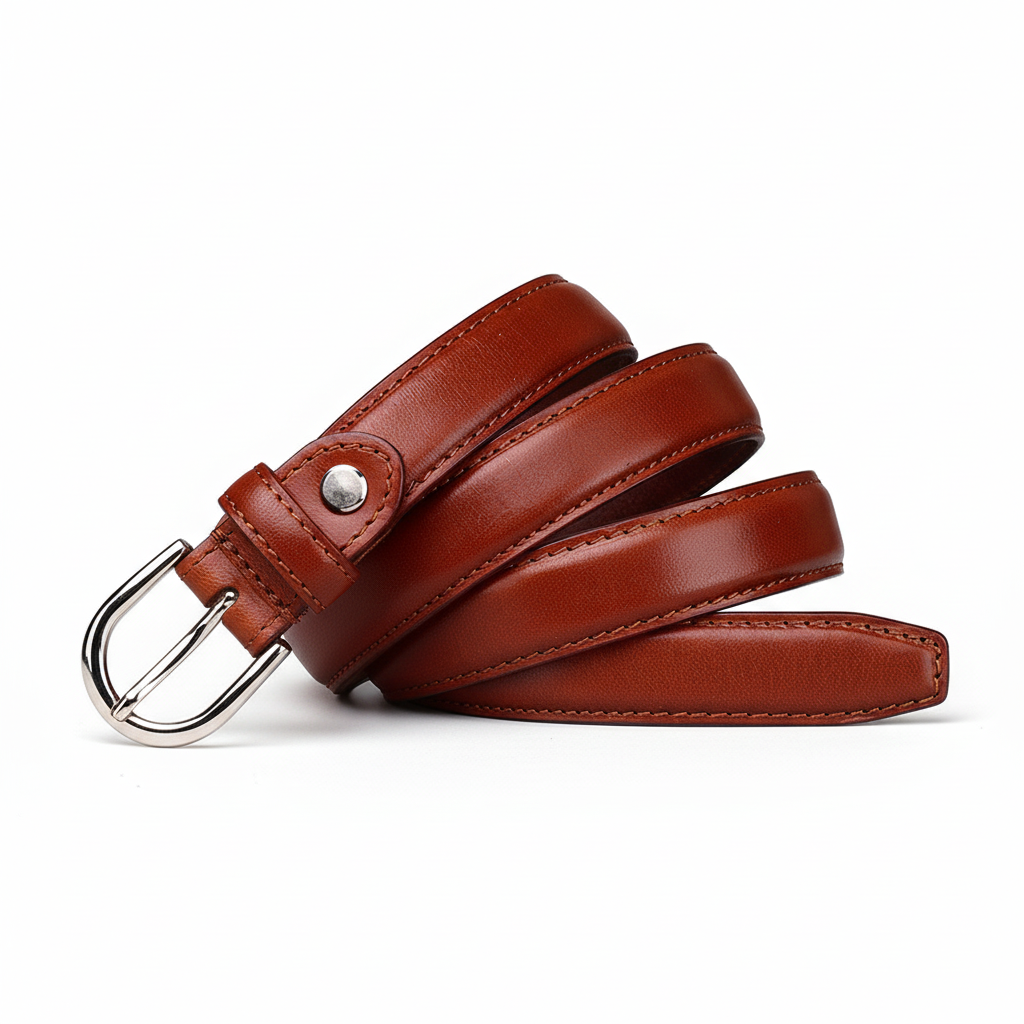 Ceinture femme Fleur de Lune en cuir marron cognac lisse avec boucle ardillon argentée.