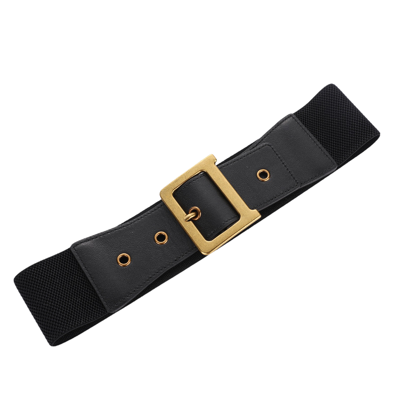 Ceinture large noire Flore pour femme en cuir avec boucle dorée rectangulaire et œillets métalliques, base élastique dissimulée