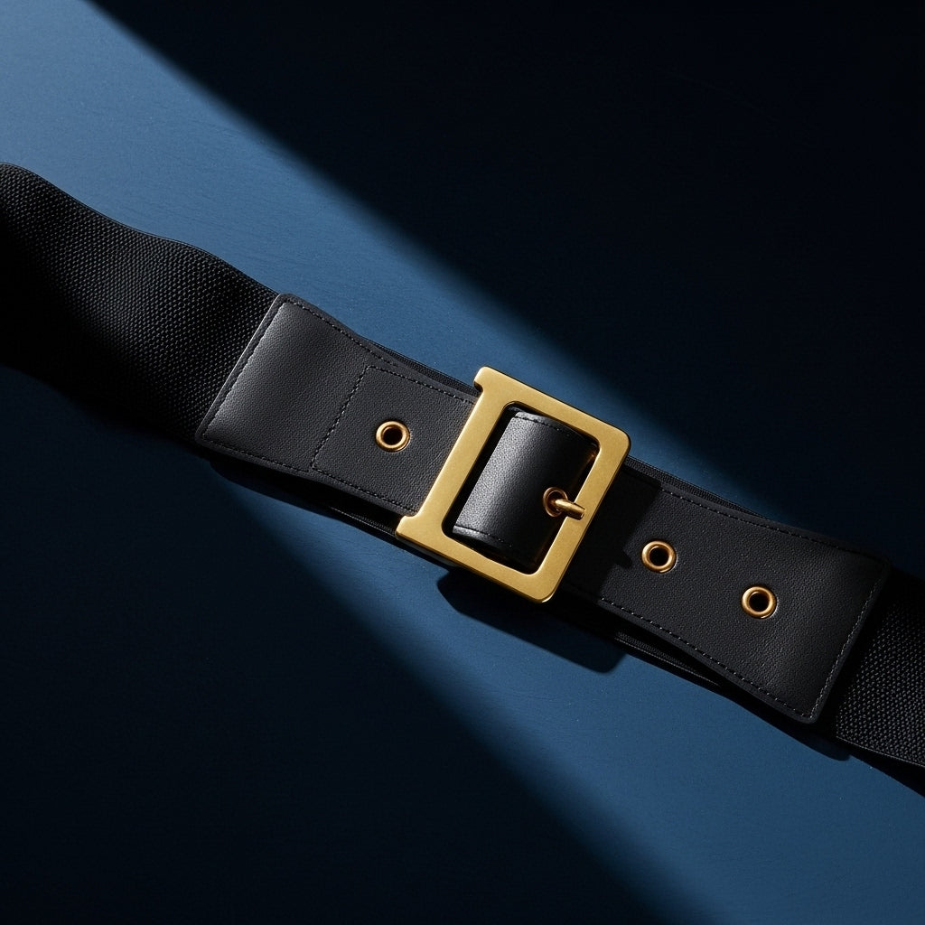 Ceinture noire Flore pour femme, en cuir pleine fleur avec boucle rectangulaire dorée, base élastique et œillets métalliques. #fullwidth