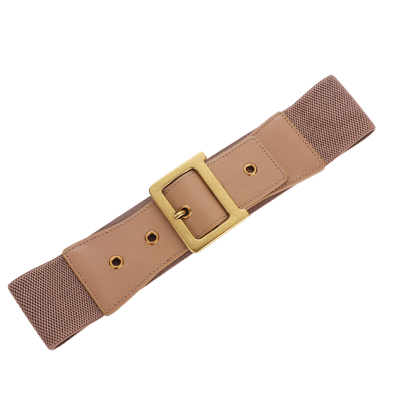 Ceinture femme Flore marron en cuir avec boucle dorée rectangulaire et empiècements élastiques