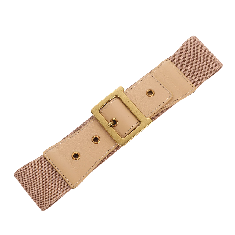 Ceinture femme Flore beige en cuir avec boucle dorée rectangulaire et empiècement élastique