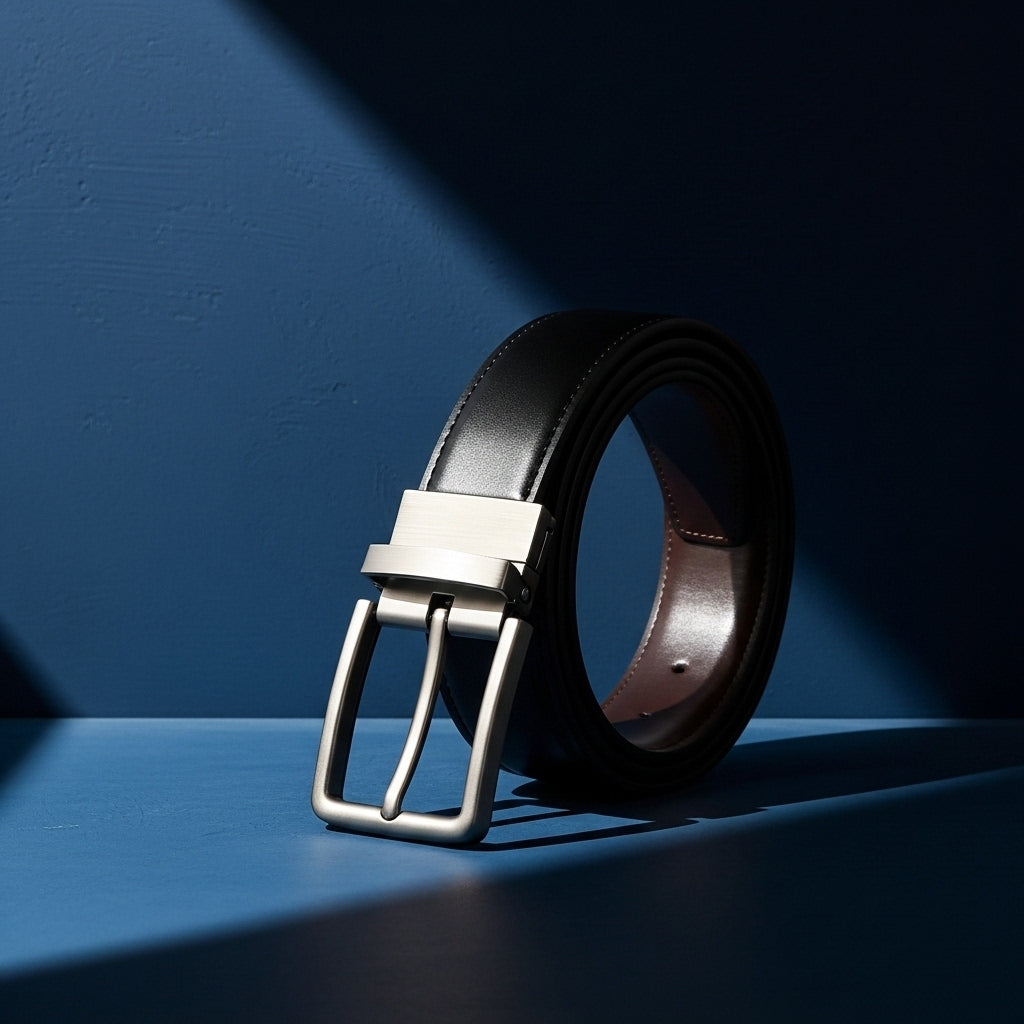 Ceinture homme Florentin 1 en simili cuir PU noir avec boucle ardillon rectangulaire en alliage argenté, réversible, sur fond bleu #fullwidth