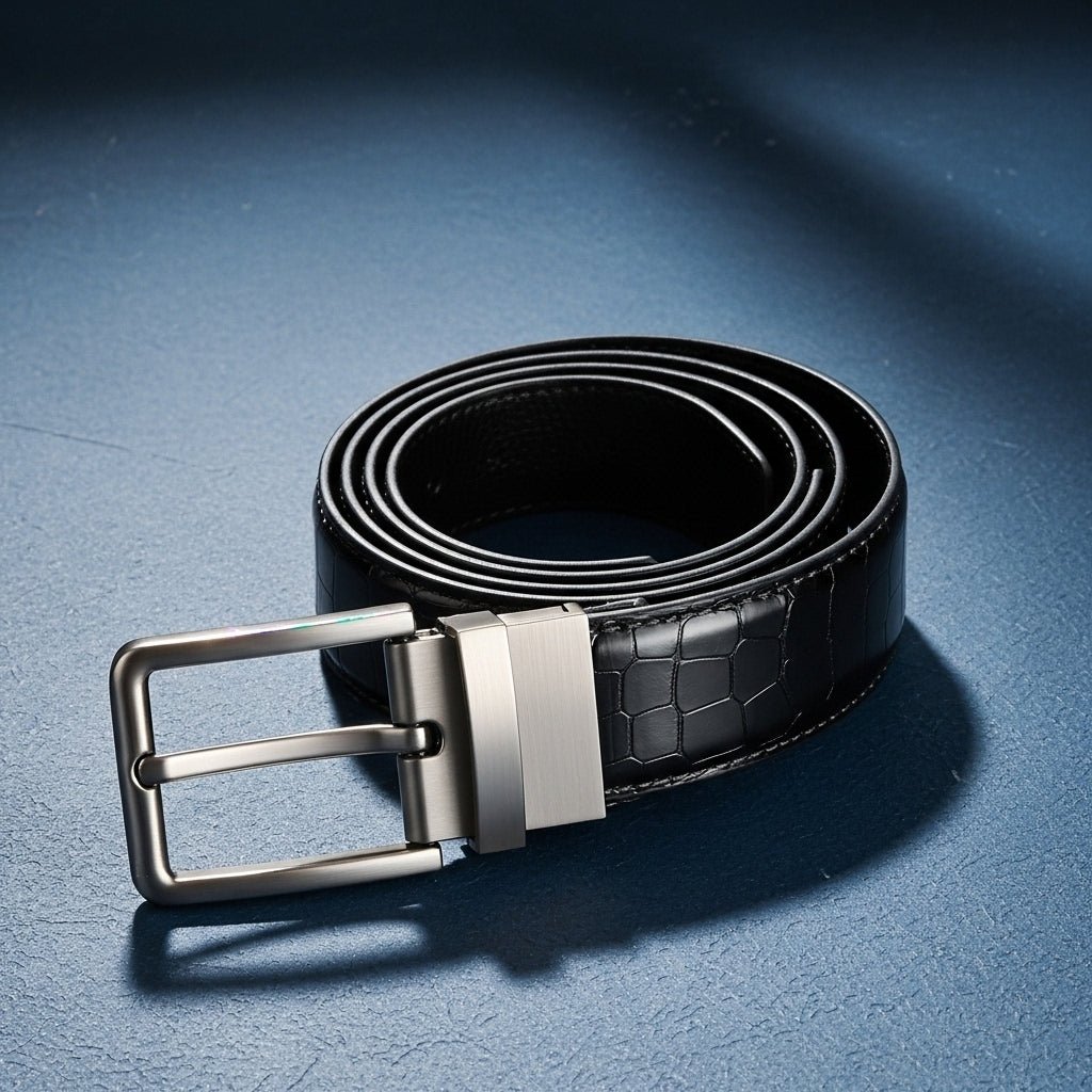 Ceinture réversible Florentin 2 pour homme en simili cuir PU noir avec motif crocodile embossé et boucle ardillon rectangulaire en alliage brossé #fullwidth