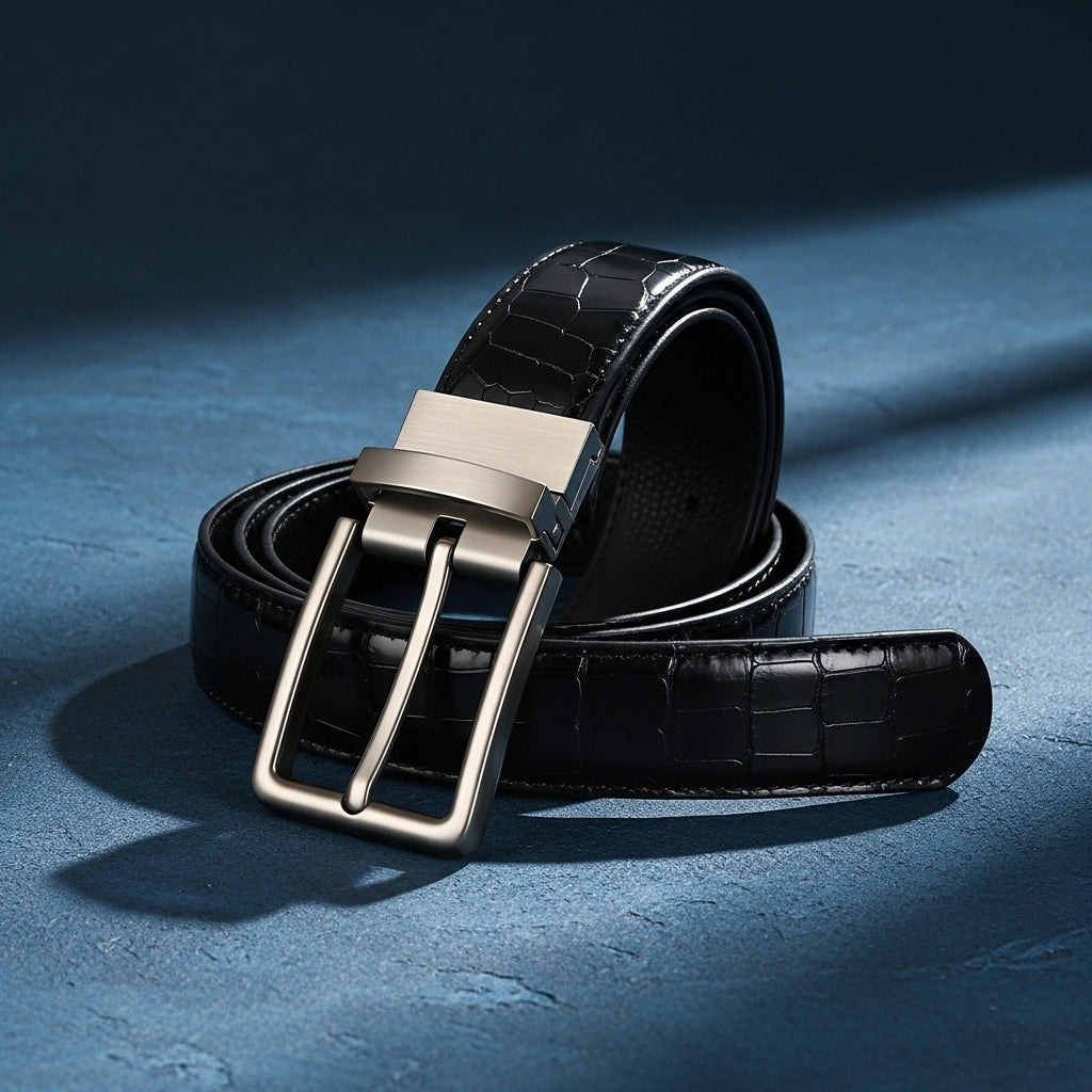 Ceinture pour homme Florentin 2 en simili cuir noir avec motif crocodile embossé et boucle ardillon rectangulaire en alliage argenté. #fullwidth