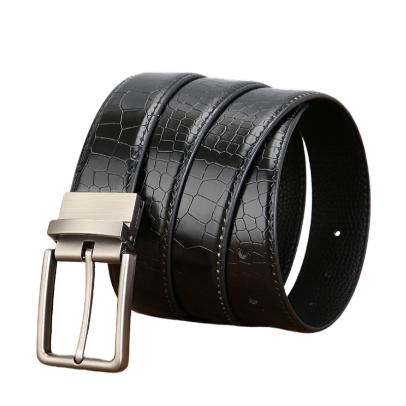 Ceinture homme Florentin 2 en simili cuir PU noir, motif crocodile embossé, boucle ardillon rectangulaire en alliage argenté.