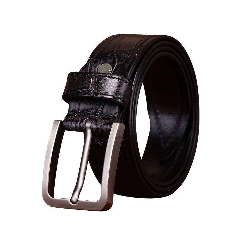 Ceinture homme Fontenoy en cuir pleine fleur de vachette noir avec gaufrage crocodile et boucle ardillon rectangulaire en métal argenté satiné