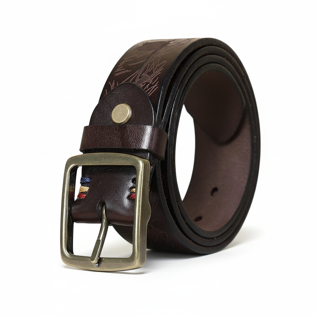 Ceinture en cuir pleine fleur marron foncé pour homme, modèle Forêt d’Automne, avec gravure artisanale de nature, boucle rectangulaire en cuivre doré vieilli et surpiqûres colorées.