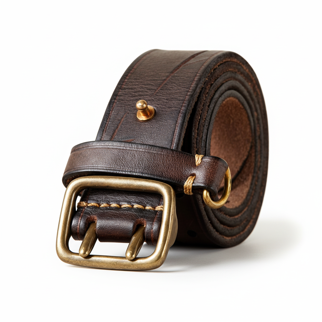 Ceinture Forge Cuir homme en cuir de vachette marron foncé, boucle en laiton vieilli à double ardillon, finition artisanale.