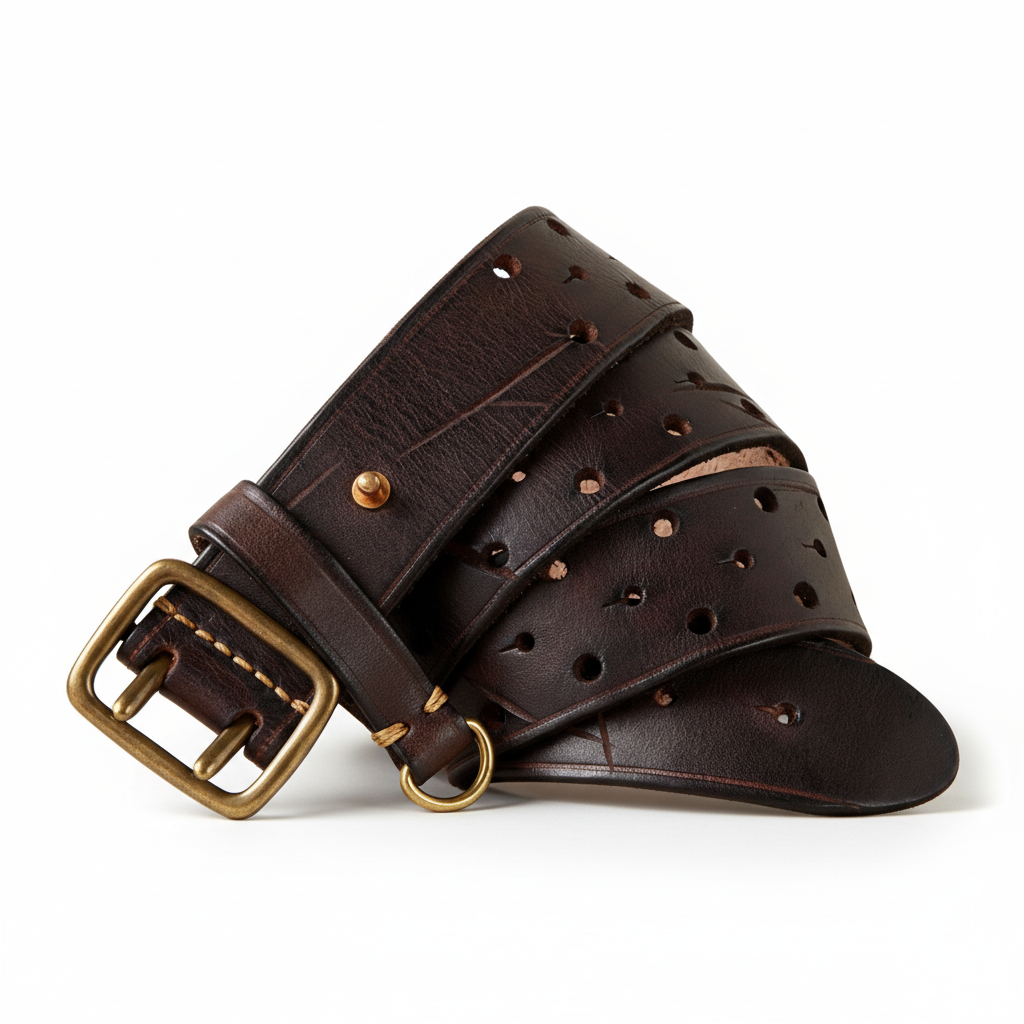 Ceinture homme Forge Cuir en cuir marron vieilli, avec boucle en cuivre doré vieilli et lanière ajourée. #fullwidth