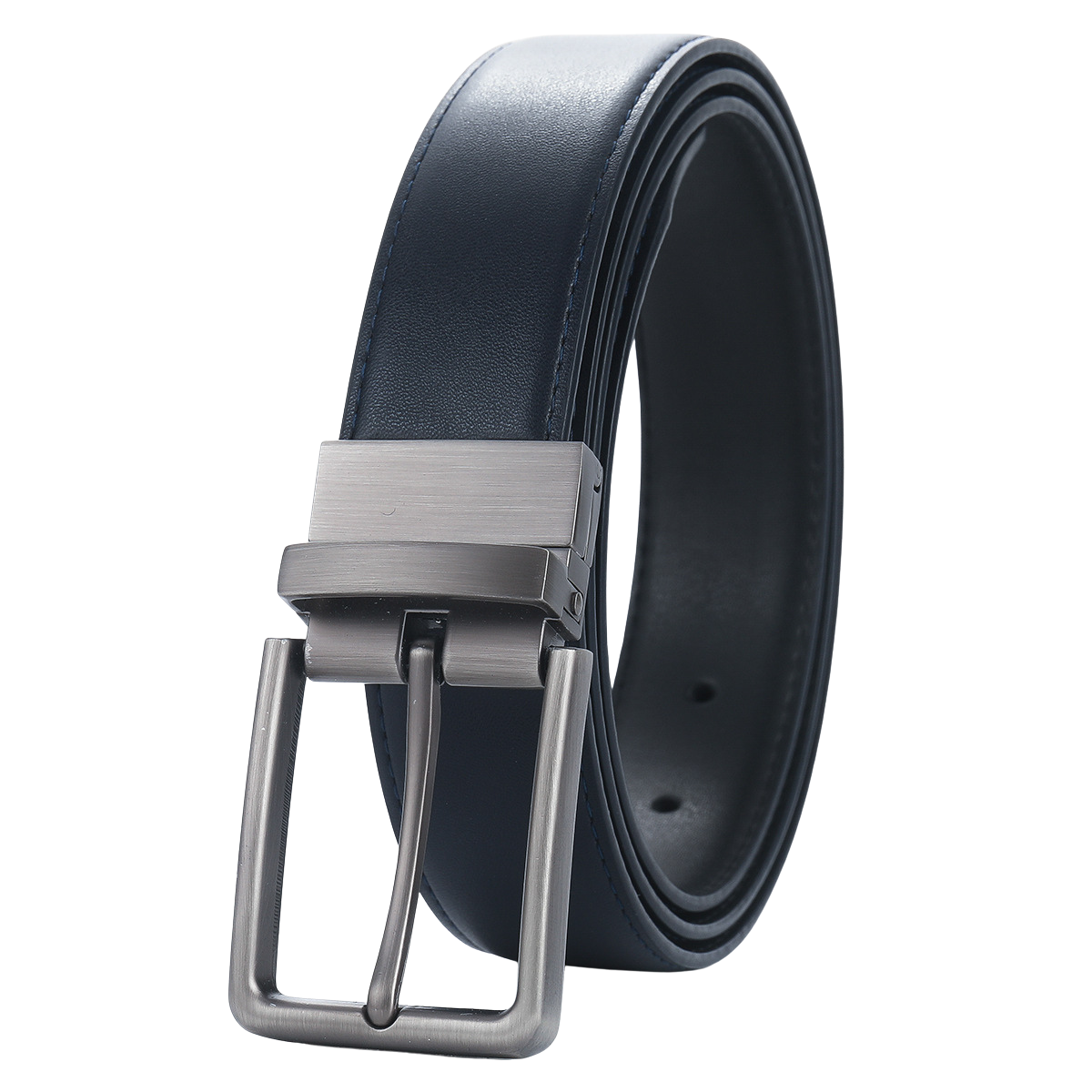 Ceinture homme Gabriel 1 en cuir bleu marine avec boucle ardillon argentée rotative