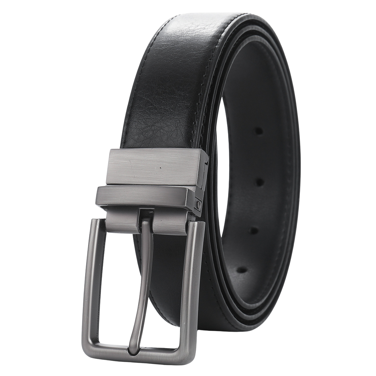 Ceinture homme Gabriel 1 en cuir lisse noir avec boucle ardillon rectangulaire argentée rotative