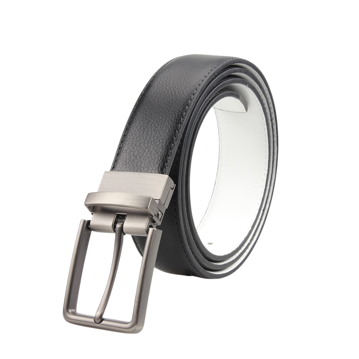 Ceinture homme Gabriel 2 en cuir noir texturé avec boucle argentée rotative et système sans perçage, 3,5 cm de largeur.