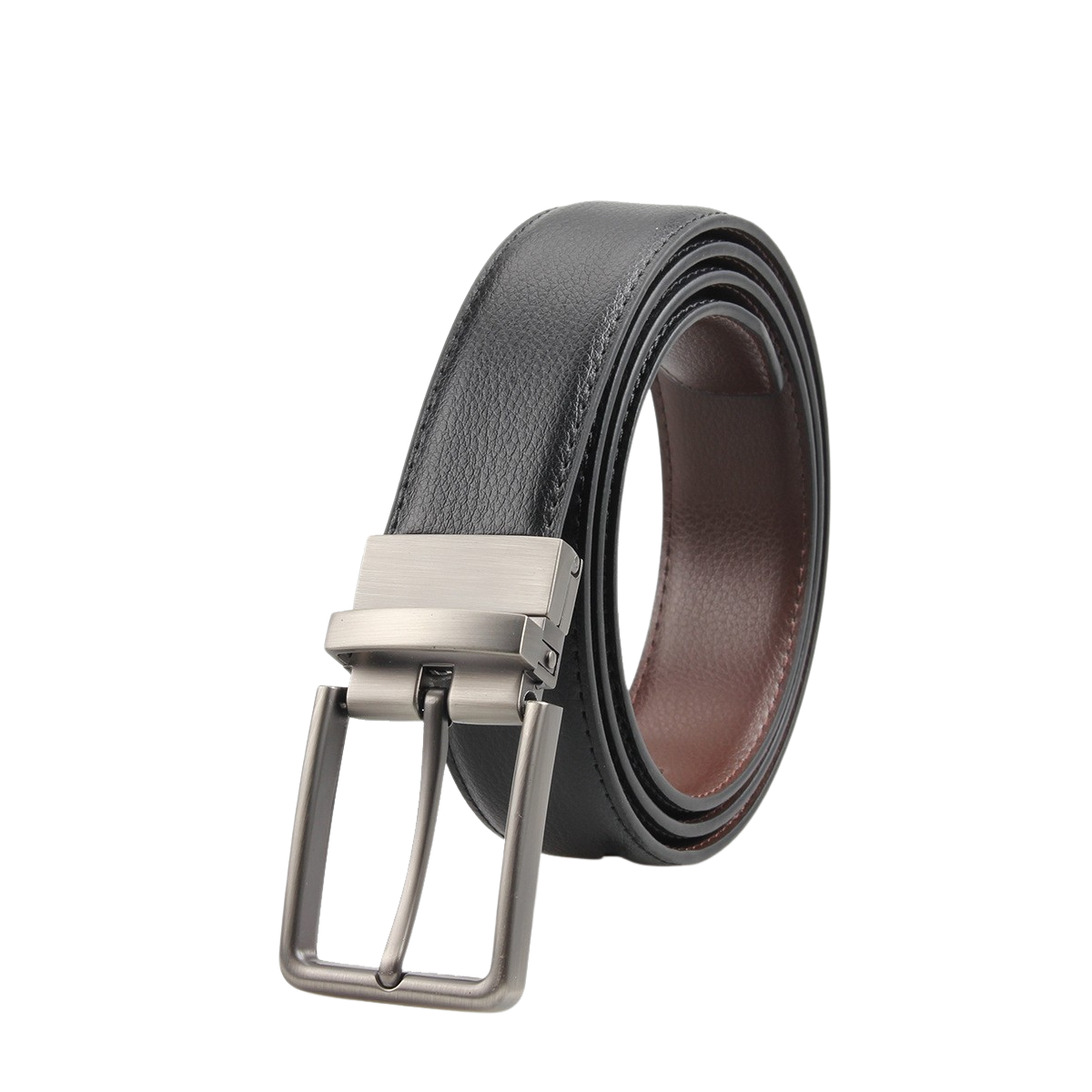Ceinture homme Gabriel 2 en cuir noir texturé avec doublure marron et boucle ardillon argentée rotative.