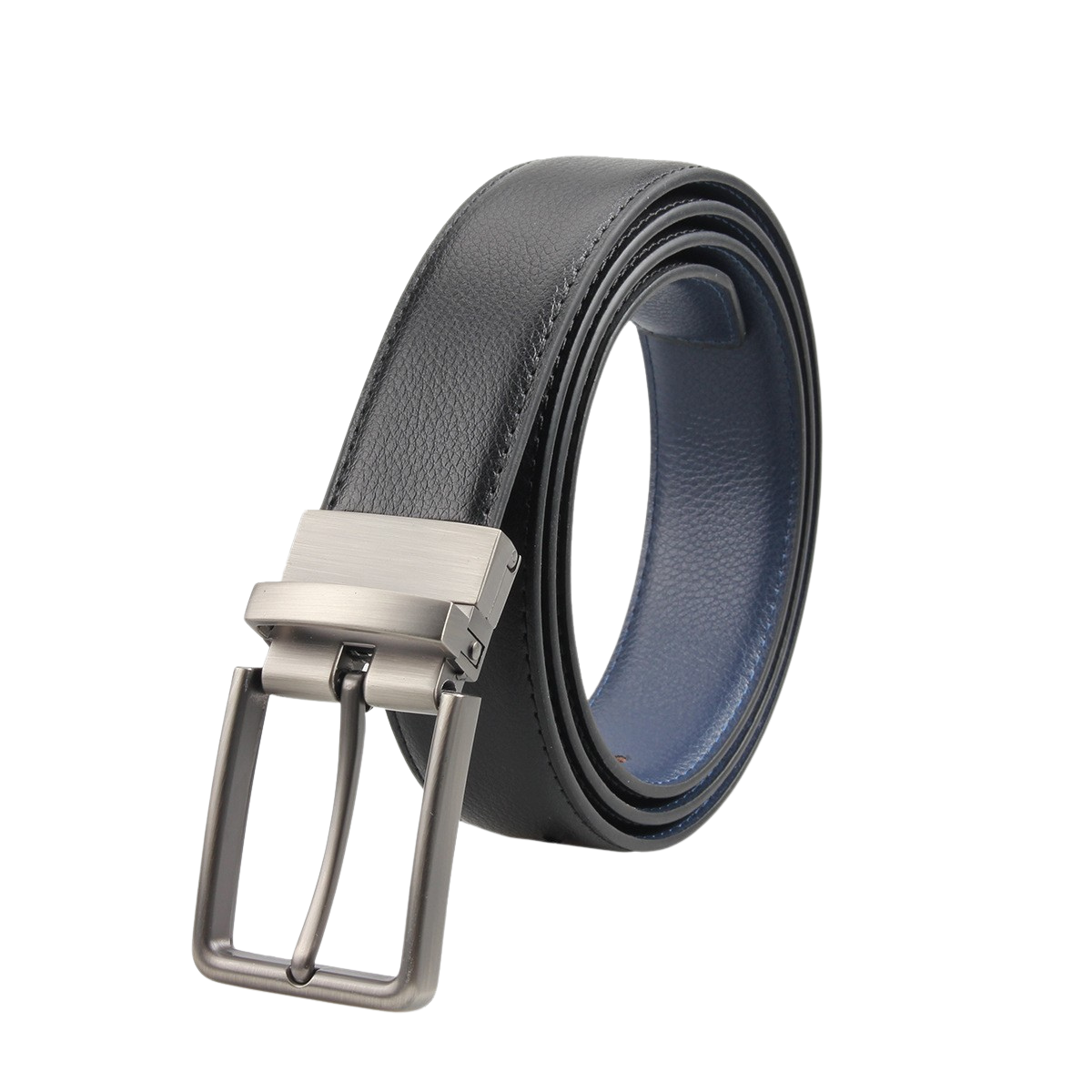 Ceinture homme Gabriel 2 noire avec doublure bleue, boucle ardillon argentée rotative sans perçage.