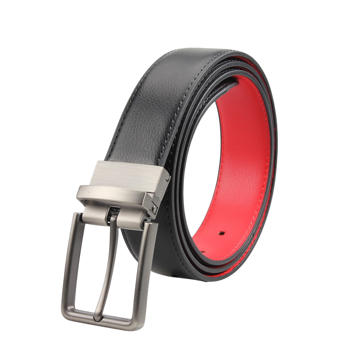 Ceinture homme Gabriel 2 noire avec doublure rouge, boucle argentée rectangulaire.
