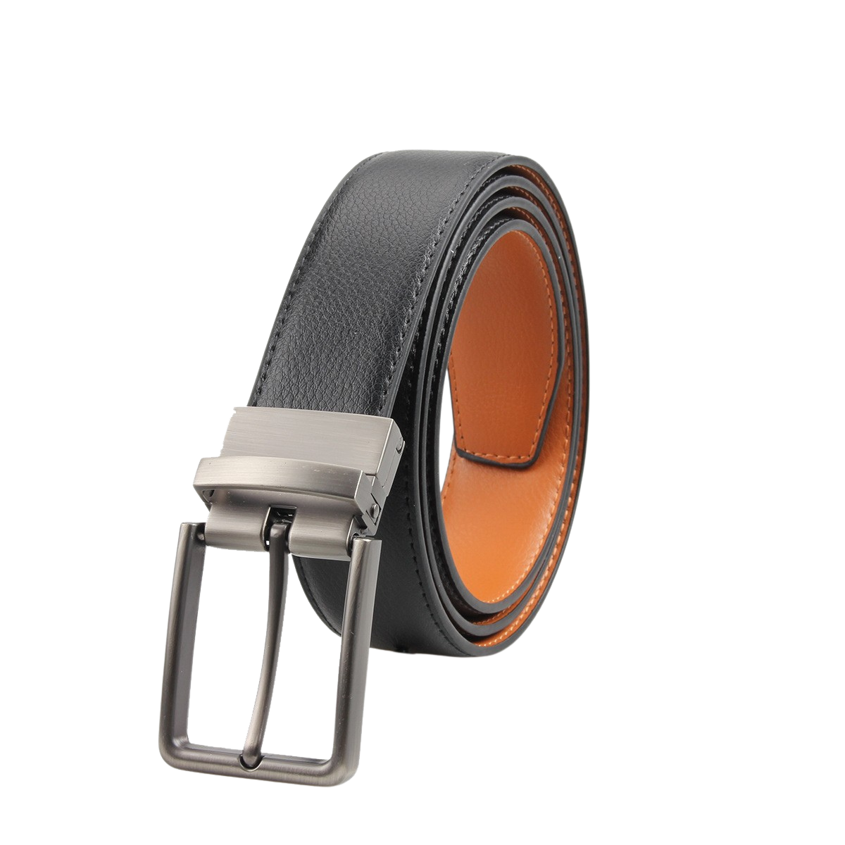 Ceinture homme Gabriel 2 en cuir refendu noir avec doublure orange, boucle ardillon rectangulaire argentée rotative.
