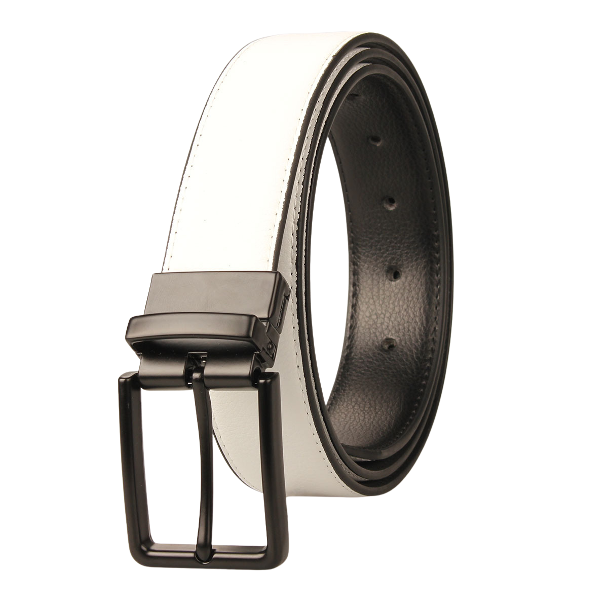 Ceinture homme Gabriel 2 en cuir blanc avec boucle ardillon noire réversible et rotative, lanière de 3,5 cm de largeur.
