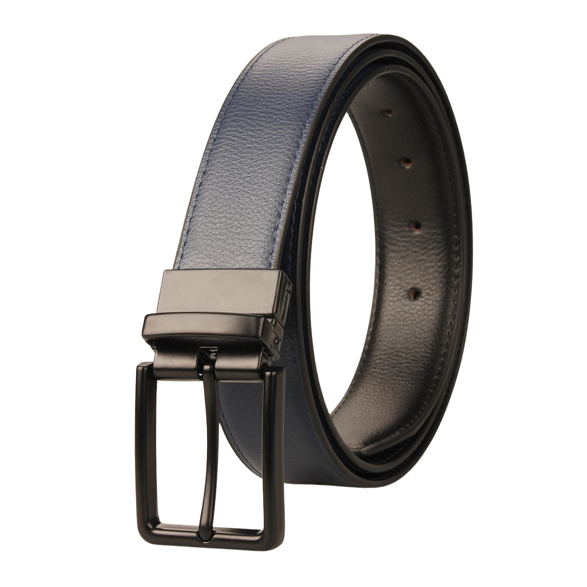 Ceinture homme Gabriel 2 en cuir bleu et noir avec boucle ardillon rectangulaire argentée et système rotatif