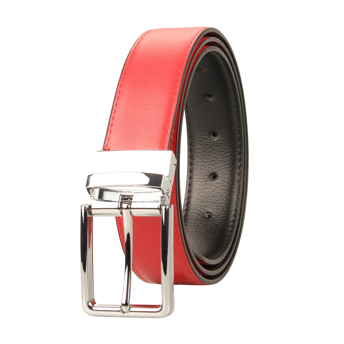 Ceinture homme Gabriel 2 en cuir rouge avec boucle argentée rectangulaire et système rotatif.