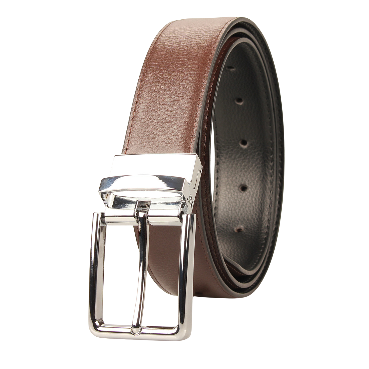 Ceinture homme Gabriel 2 en cuir marron texturé avec boucle rectangulaire argentée rotative. Lanière de 3,5 cm.